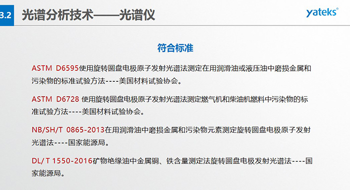 ASTM D6595使用旋轉圓盤電極原子發射光譜法測定在用潤滑油或液壓油中磨損金屬和污染物的標準試驗方法----美國材料試驗協會。   ASTM D6728 使用旋轉圓盤電極原子發射光譜法測定燃氣機和柴油機燃料中污染物的標準試驗方法----美國材料試驗協會。   NB/SH/T 0865-2013在用潤滑油中磨損金屬和污染物元素測定旋轉圓盤電極原子發射光譜法----國家能源局。   DL/ T 1550-2016礦物絕緣油中金屬銅、鐵含量測定法旋轉圓盤電極發射光譜法----國家能源局。